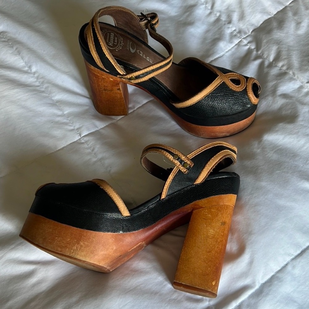 Jeffrey Campbell Black and Tan Platform Heels, Strappy Ankle Wooden Heels 6.5